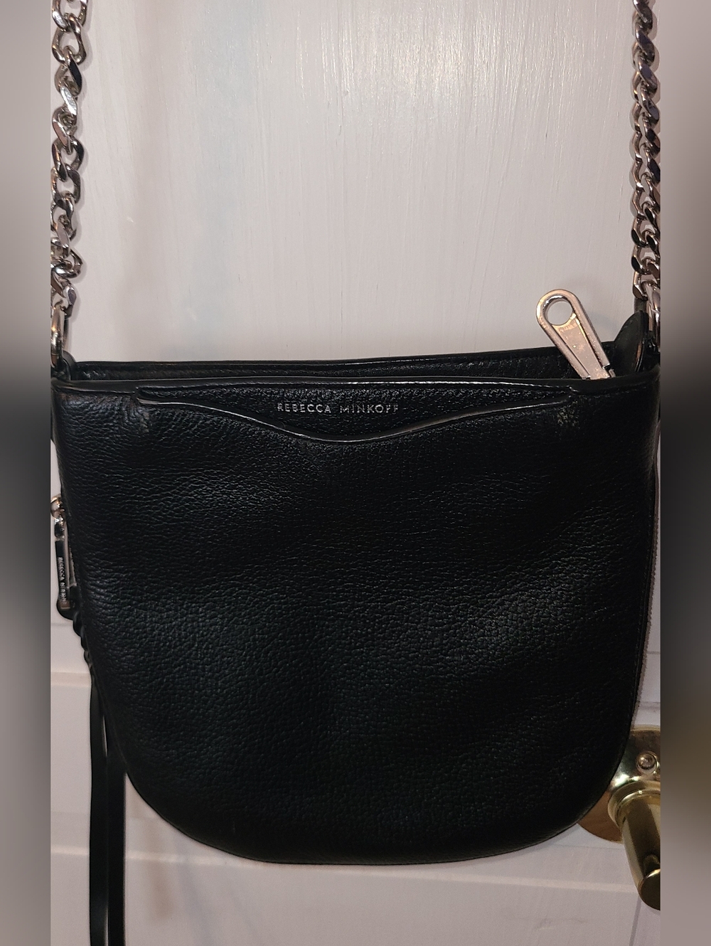 Rebecca Minkoff Black Leather Crossbody Saddle Bag with Chain Detail - Picture 7 of 15